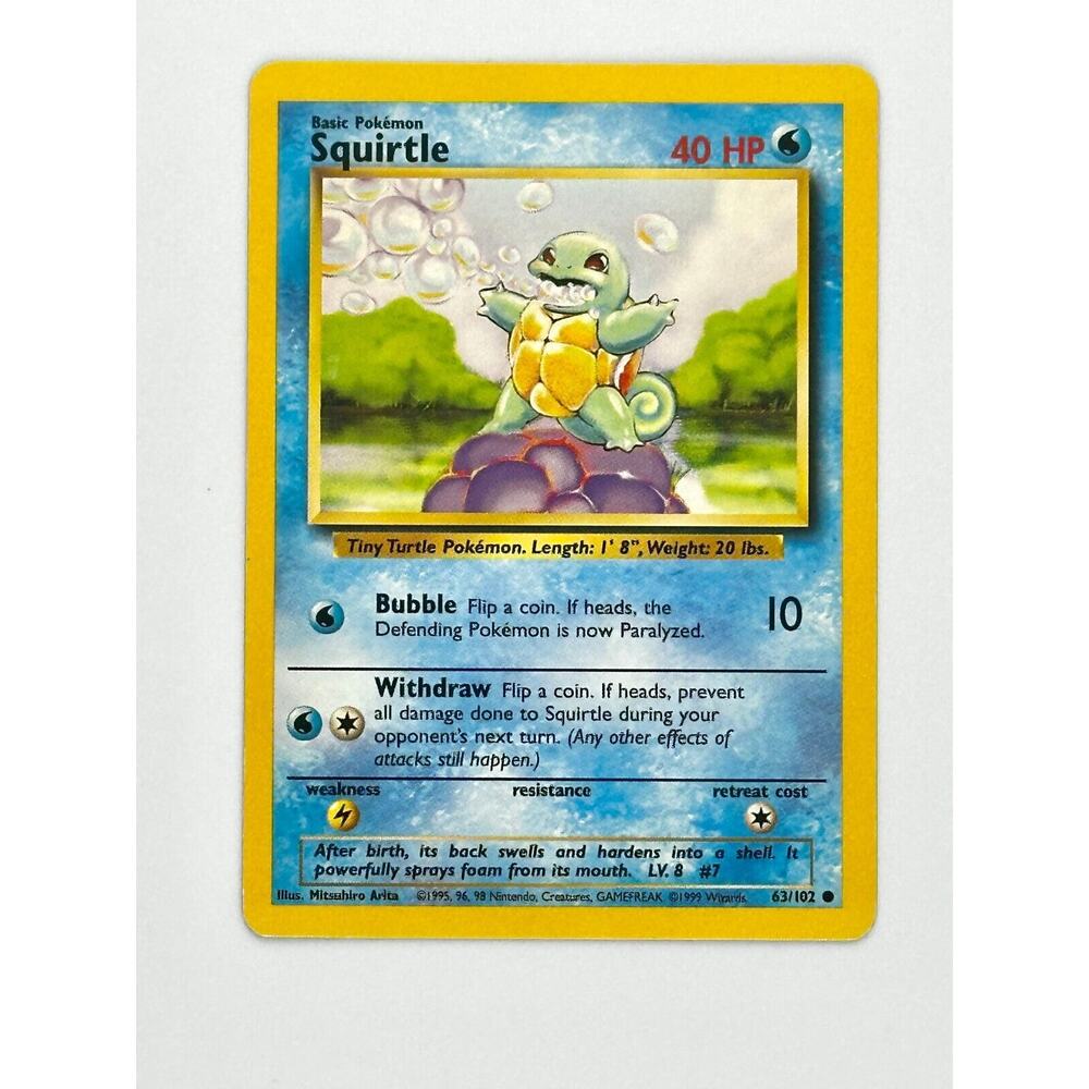 Squirtle 63/102 Base Set Pokemon Card WOTC Vtg Never Played